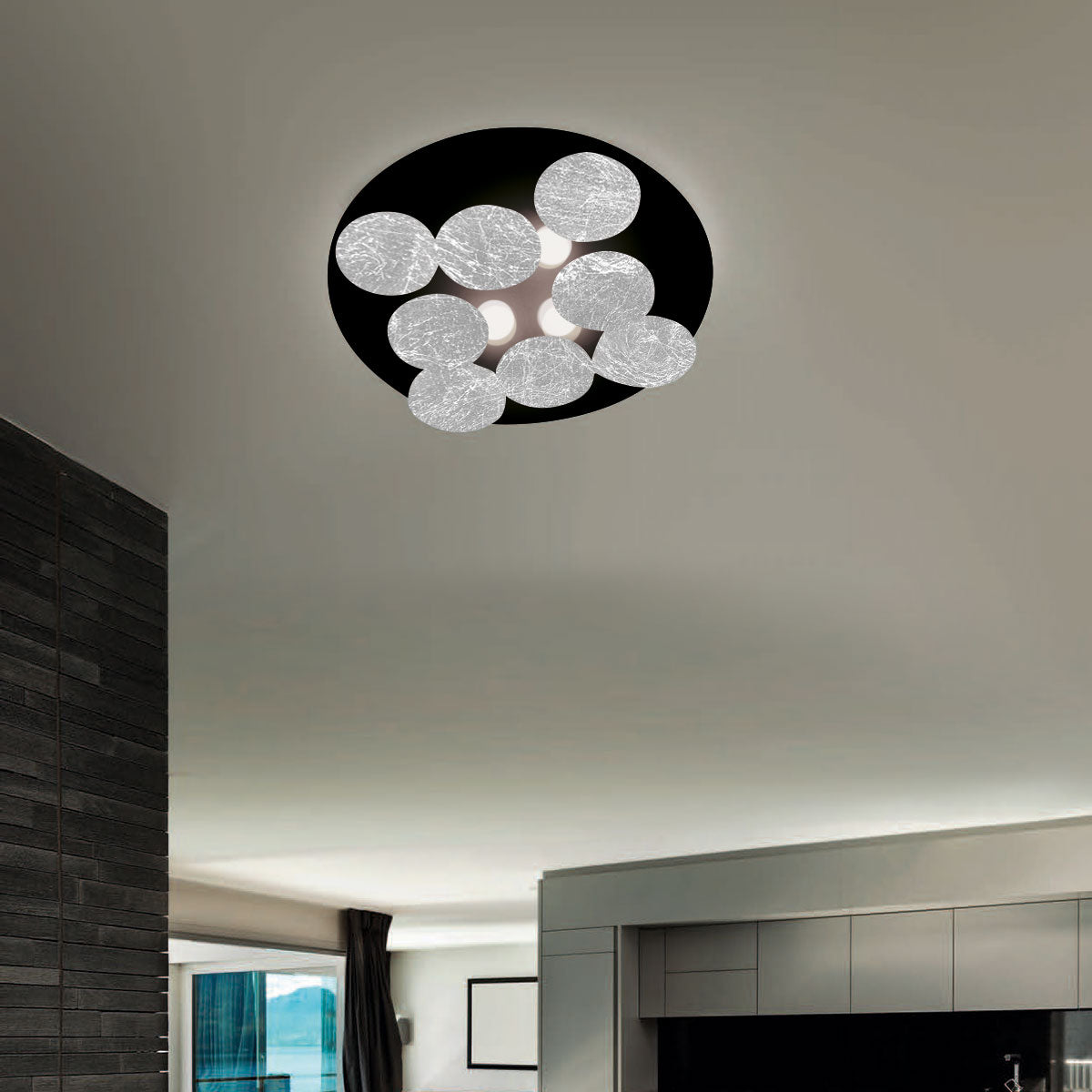 Braga, Deckenleuchte Nuvola 60cm, Blattsilber Schwarz, moderne Lichtlösung