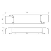 Technische Zeichnung eines Phasenabschnittsdimmers für 24V DC, Maße 210x43x30 mm, für elektrische Beleuchtungsanwendungen