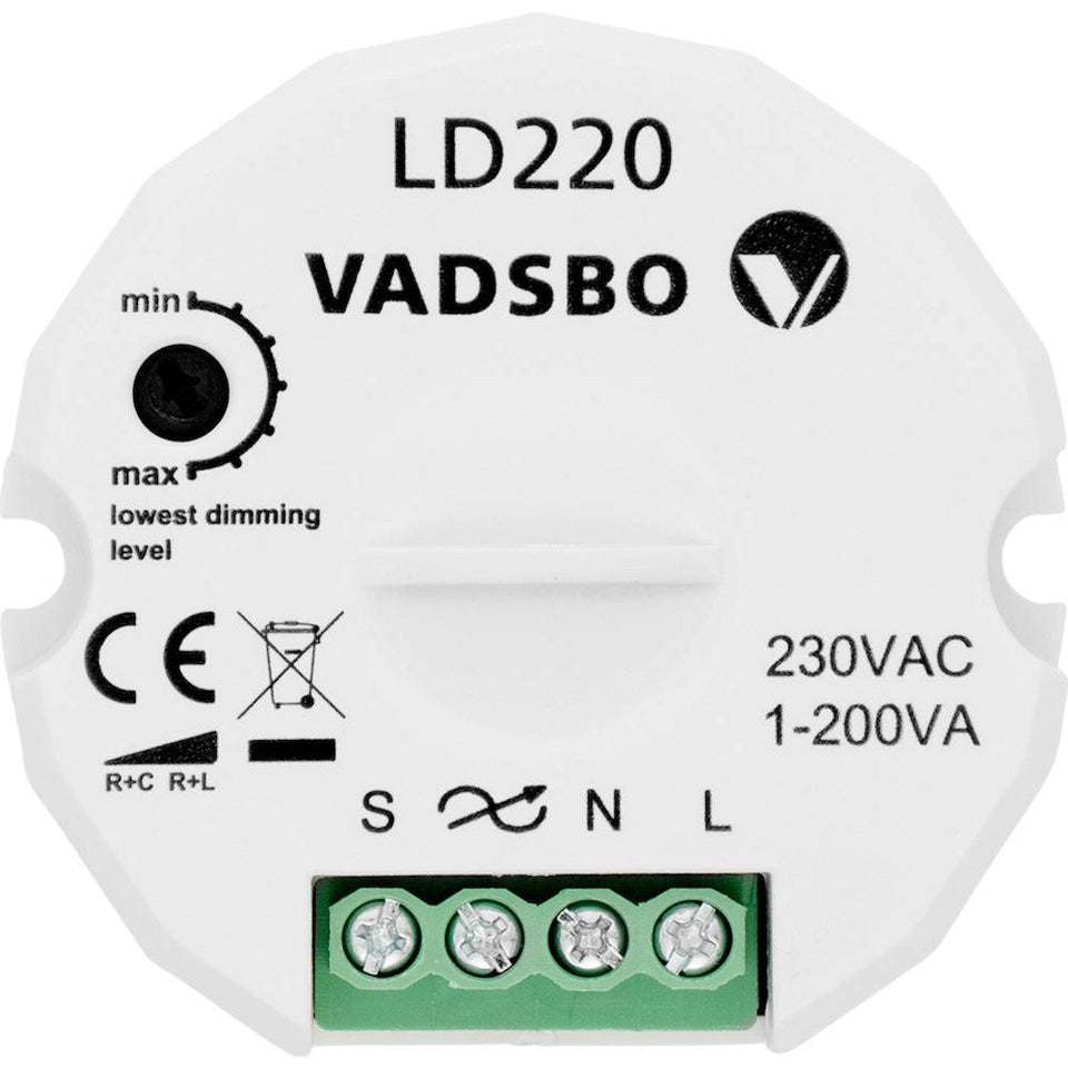 Vadsbo, LD220 Tastdimmer 1-200 Watt mit Nullleiter, Produktbild, moderne Lichtsteuerung