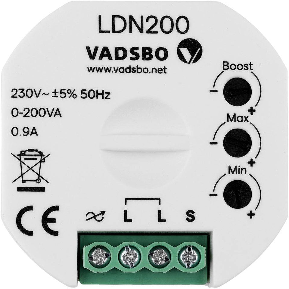 Vadsbo, LDN200 Tastdimmer 0-200 Watt ohne Nullleiter, Produktbild, moderne Lichtsteuerung