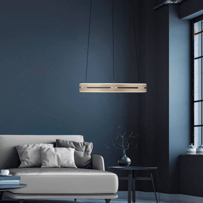 Moderne Pendelleuchte E-Loop im Wohnzimmer mit dimmbarer Beleuchtung