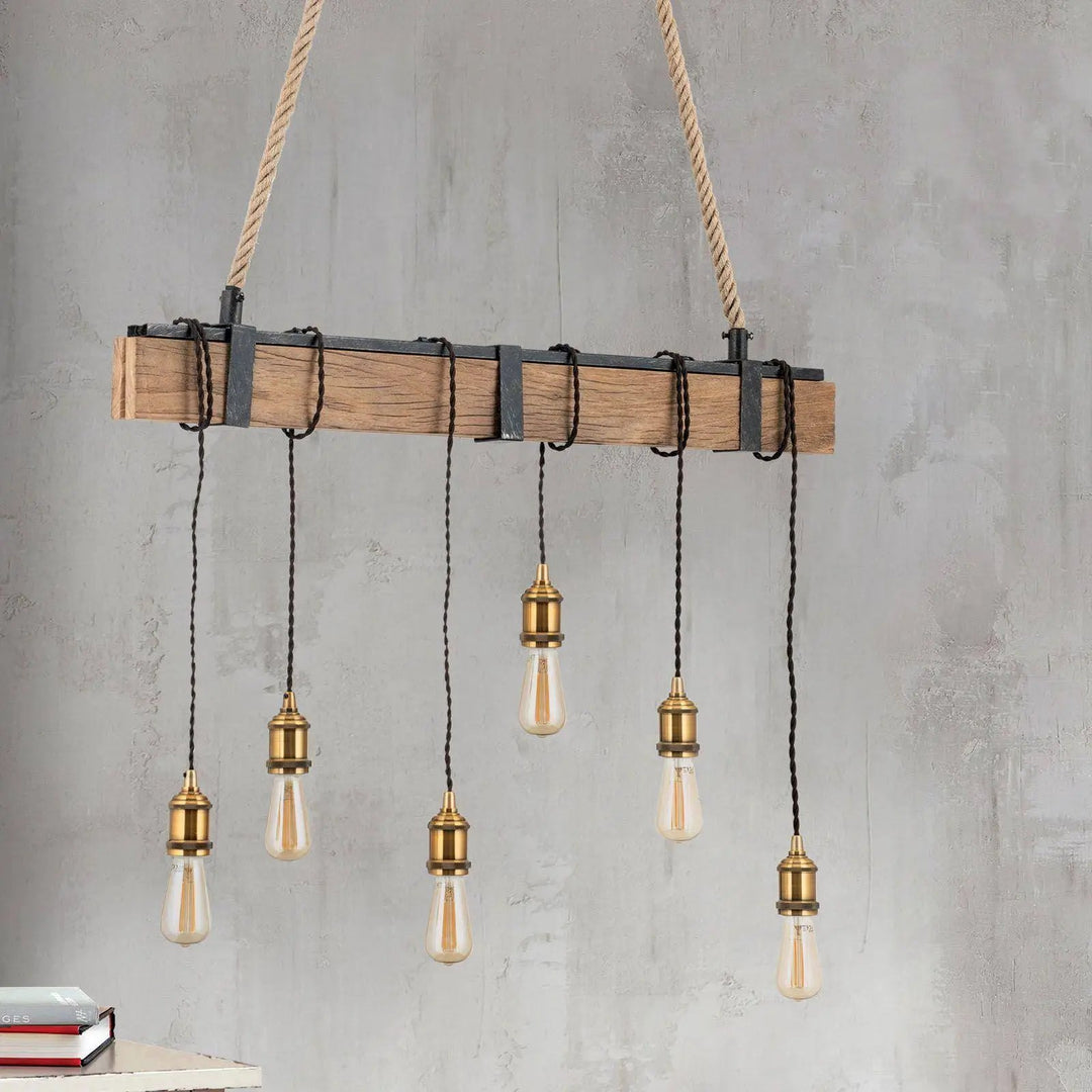 Hängeleuchte Cellar mit Echtholz,  6flg.